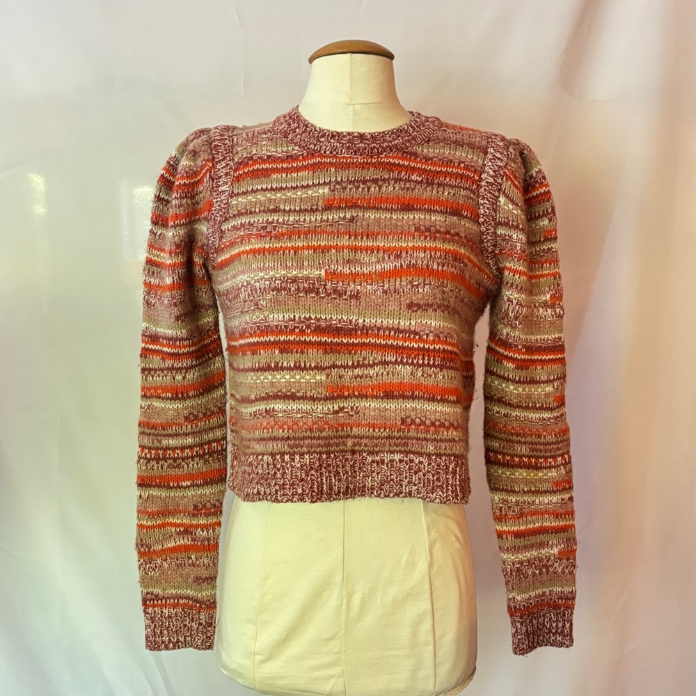 INTERMIX Red and Orange Crew Neck Sweater with Vintage Puff Sleeves